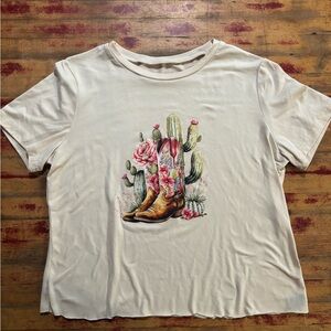 SHEIN Cream Short Sleeve Tee with Floral Boot Print